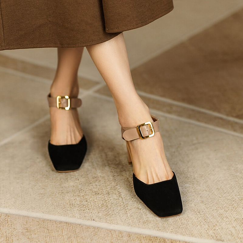 Square Toe Buckle Strap Suede Mary Janes