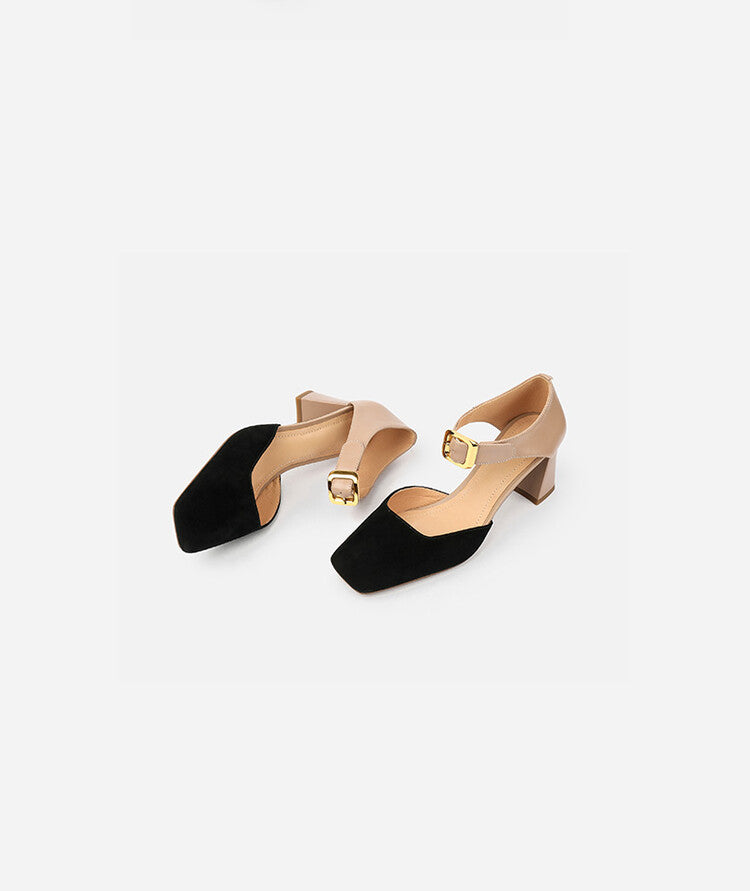 Square Toe Buckle Strap Suede Mary Janes